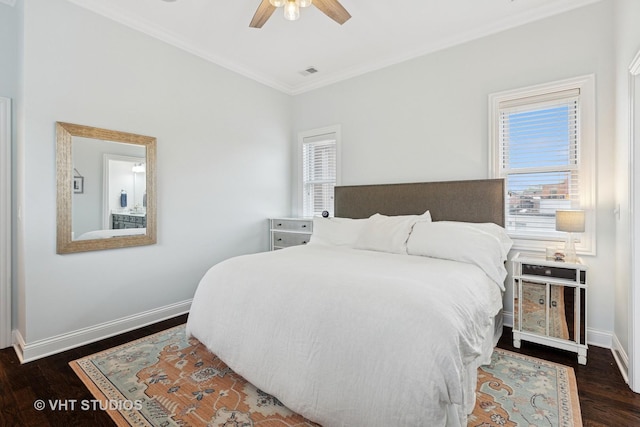 2732 N Seminary Ave Unit 3, Chicago, IL 60614 - bedroom with crown molding, baseboards, multiple windows, wood finished floors, and ceiling fan