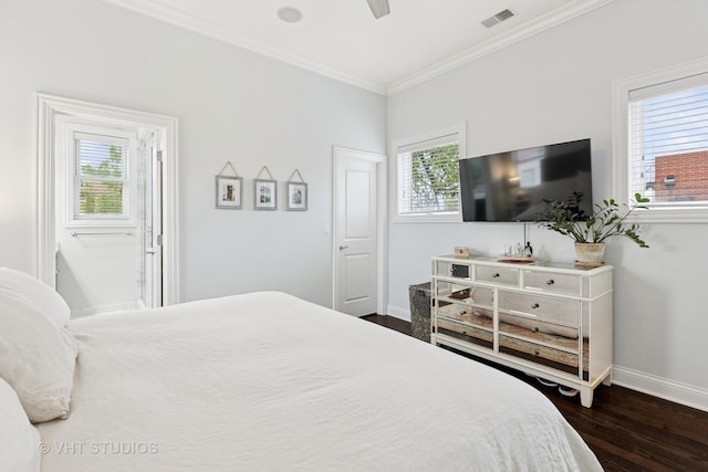 2732 N Seminary Ave Unit 3, Chicago, IL 60614 - bedroom featuring dark wood-style flooring, multiple windows, baseboards, crown molding, and ceiling fan