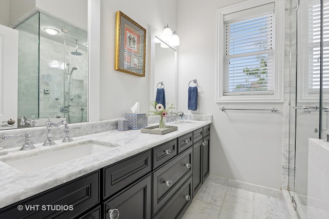 2732 N Seminary Ave Unit 3, Chicago, IL 60614 - bathroom with double vanity, a shower stall, and baseboards