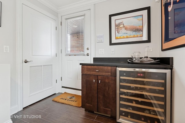 2732 N Seminary Ave Unit 3, Chicago, IL 60614 - indoor bar featuring beverage cooler, crown molding, and dark wood finished floors