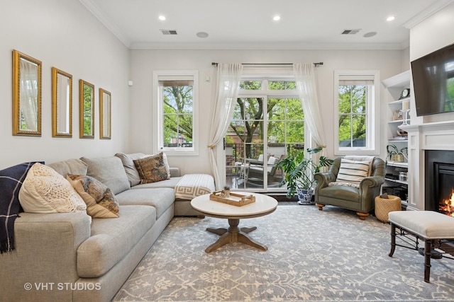 2732 N Seminary Ave Unit 3, Chicago, IL 60614 - living room with a glass covered fireplace, recessed lighting, and crown molding