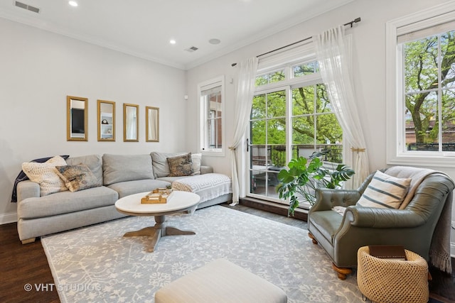 2732 N Seminary Ave Unit 3, Chicago, IL 60614 - living room featuring healthy amount of natural light, dark wood-type flooring, crown molding, recessed lighting, and baseboards