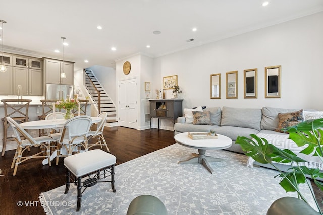 2732 N Seminary Ave Unit 3, Chicago, IL 60614 - living room featuring stairs, dark wood-type flooring, recessed lighting, ornamental molding, and baseboards