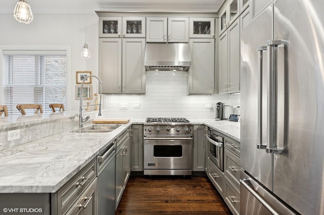 2732 N Seminary Ave Unit 3, Chicago, IL 60614 - kitchen featuring high quality appliances, a sink, under cabinet range hood, gray cabinets, and a peninsula