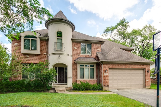 view of front of house with a front yard and a garage