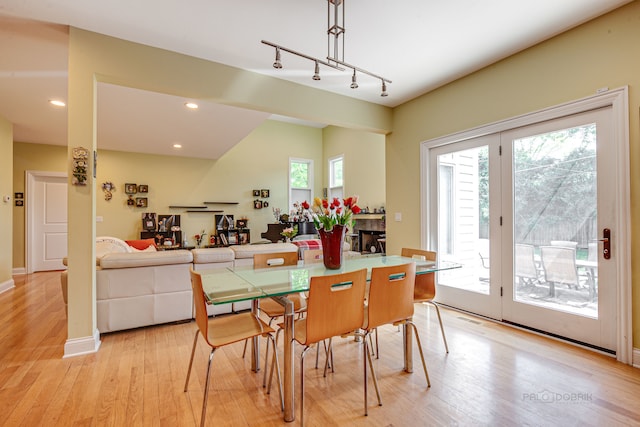 dining room with track lighting, a wealth of natural light, and light hardwood / wood-style floors