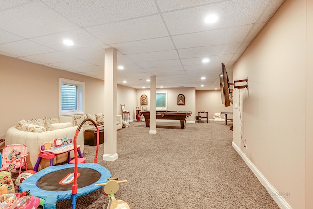 playroom featuring light carpet, pool table, and a drop ceiling