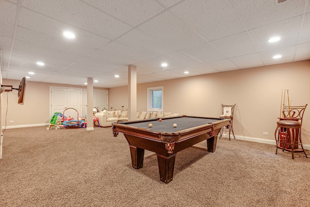 game room featuring carpet floors, pool table, and a paneled ceiling