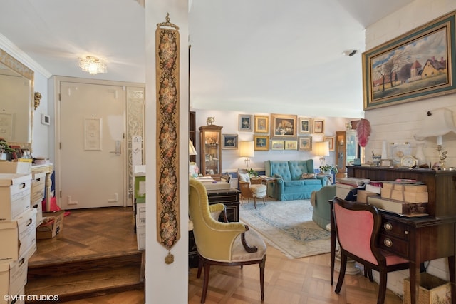 living room featuring light parquet floors