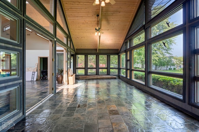 unfurnished sunroom with wooden ceiling, ceiling fan, and lofted ceiling