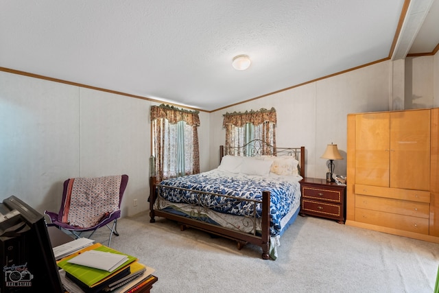 bedroom featuring lofted ceiling, light colored carpet, ornamental molding, and a textured ceiling