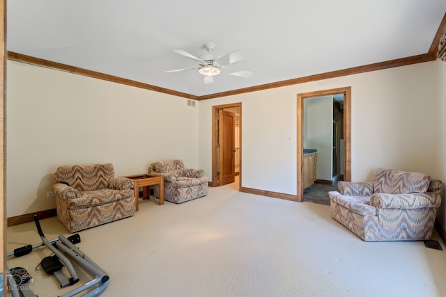 living area with light carpet, crown molding, and ceiling fan