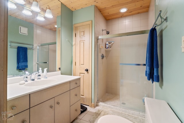 bathroom with toilet, a shower with door, wood ceiling, vanity with extensive cabinet space, and tile flooring