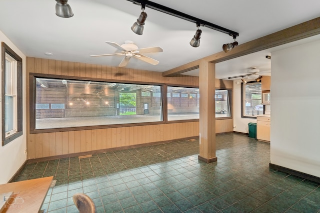 unfurnished sunroom with ceiling fan and track lighting