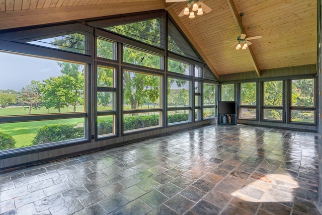 unfurnished sunroom with ceiling fan, vaulted ceiling with beams, and wood ceiling