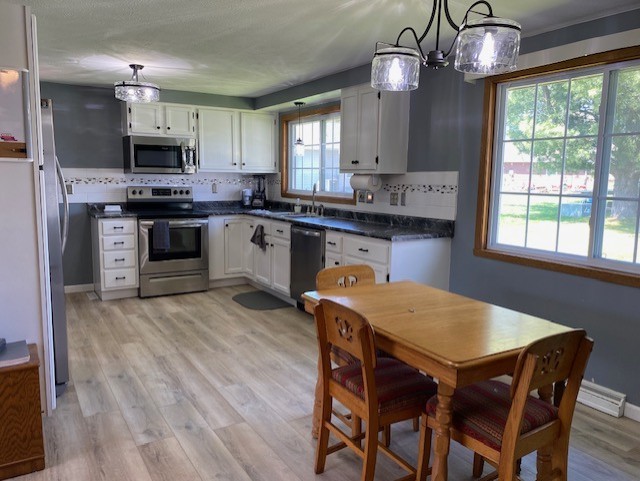 kitchen featuring tasteful backsplash, light hardwood / wood-style floors, stainless steel appliances, and white cabinetry