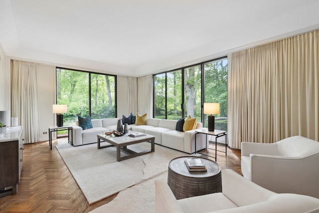 living room with light parquet floors