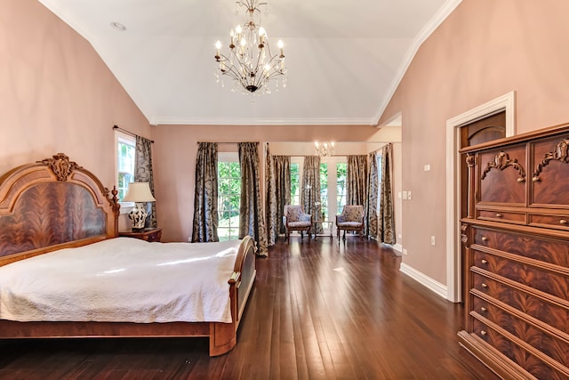 bedroom featuring dark hardwood / wood-style floors, an inviting chandelier, multiple windows, and lofted ceiling