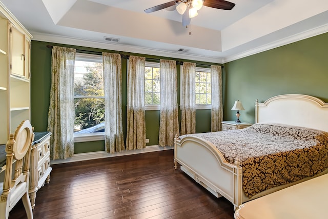 bedroom with a raised ceiling, dark hardwood / wood-style floors, and ceiling fan