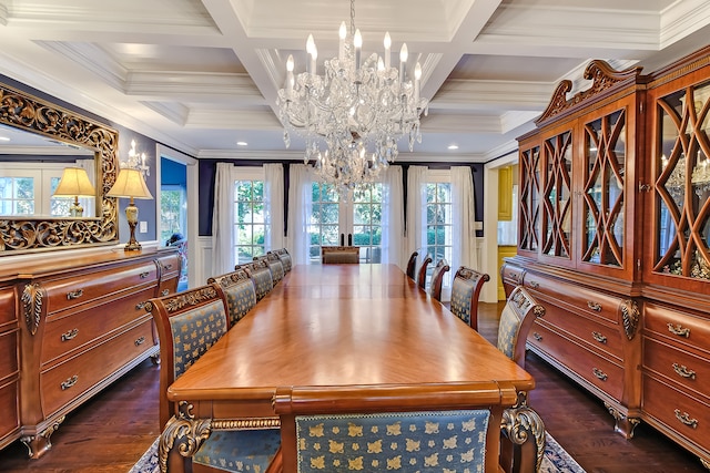 dining space featuring coffered ceiling, dark wood-type flooring, beam ceiling, and a chandelier