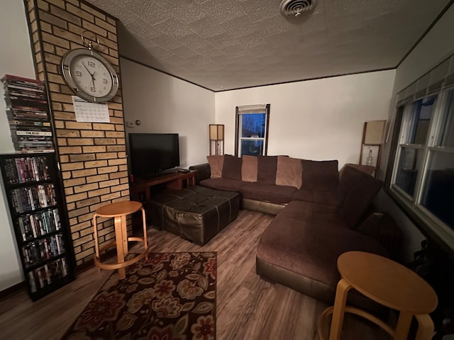 living room featuring a textured ceiling and hardwood / wood-style flooring