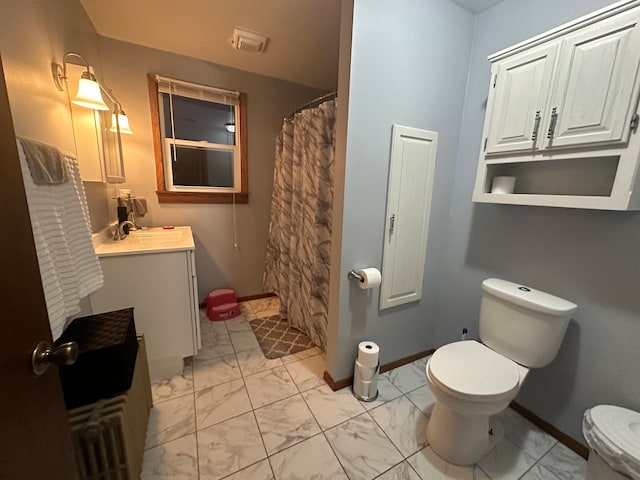 bathroom featuring a shower with shower curtain, vanity, electric panel, and toilet