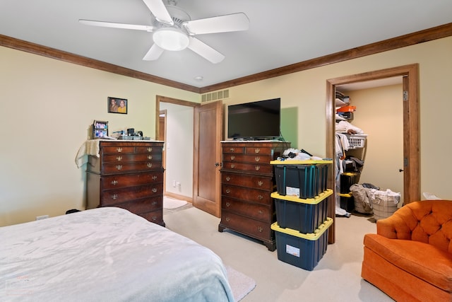 carpeted bedroom with a closet, a walk in closet, crown molding, and ceiling fan