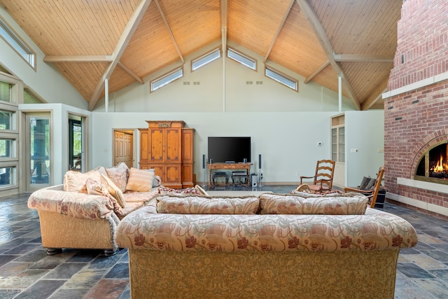 tiled living room featuring brick wall, wood ceiling, a fireplace, high vaulted ceiling, and beam ceiling