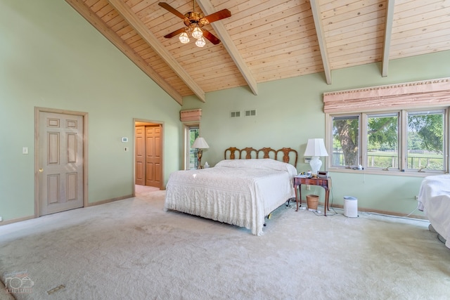 carpeted bedroom with ceiling fan, wood ceiling, beam ceiling, and high vaulted ceiling