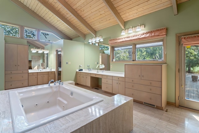 bathroom with wood ceiling, high vaulted ceiling, vanity, and beamed ceiling