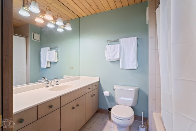 full bathroom featuring wooden ceiling, shower / bath combo with shower curtain, tile flooring, toilet, and large vanity