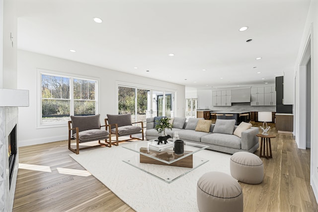 living room featuring plenty of natural light and light hardwood / wood-style flooring