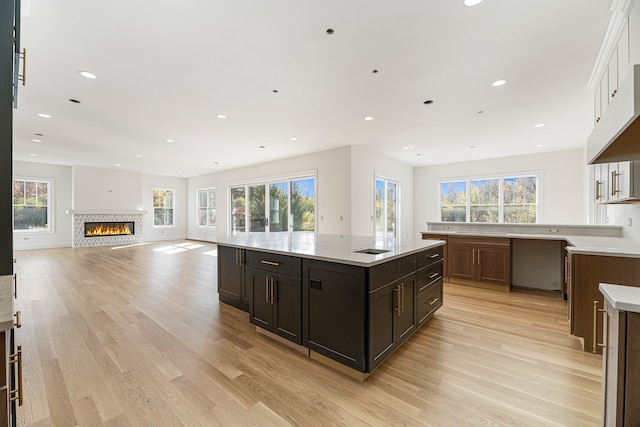 kitchen with a wealth of natural light, dark brown cabinets, light wood-type flooring, and a center island