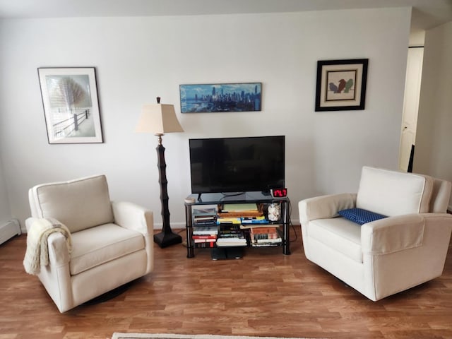 living area featuring baseboards and wood finished floors