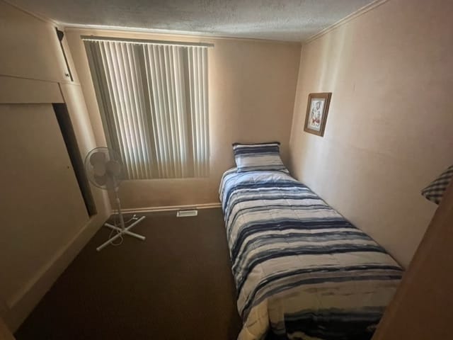 bedroom with carpet floors and a textured ceiling