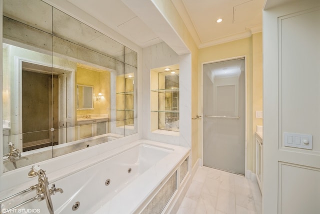 bathroom featuring a bathing tub, crown molding, tile flooring, and vanity