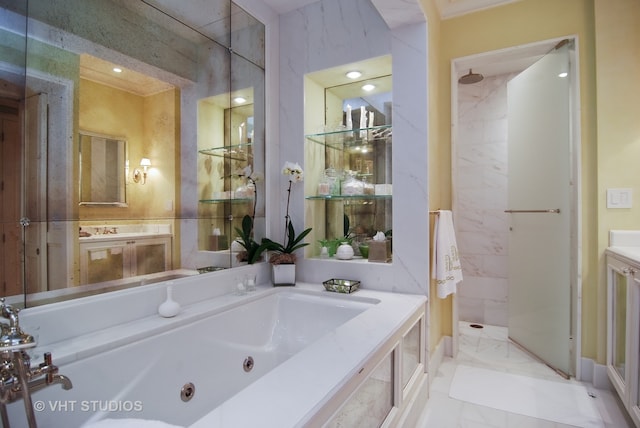 bathroom featuring vanity, tile floors, and tile walls