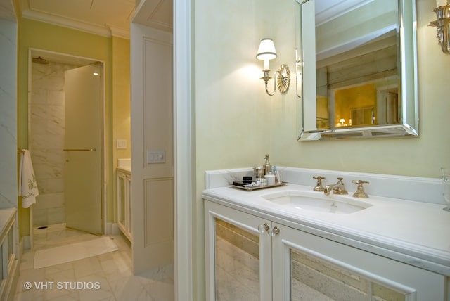 bathroom with tile floors, large vanity, and crown molding