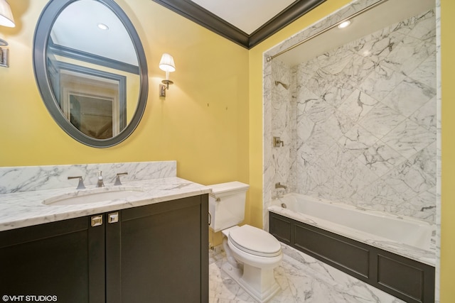 full bathroom featuring tiled shower / bath combo, toilet, tile flooring, vanity, and ornamental molding