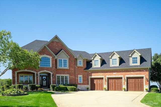 5085 Half Round Rd, Oswego, IL 60543 - view of front of house featuring driveway, a front lawn, an attached garage, brick siding, and a shingled roof