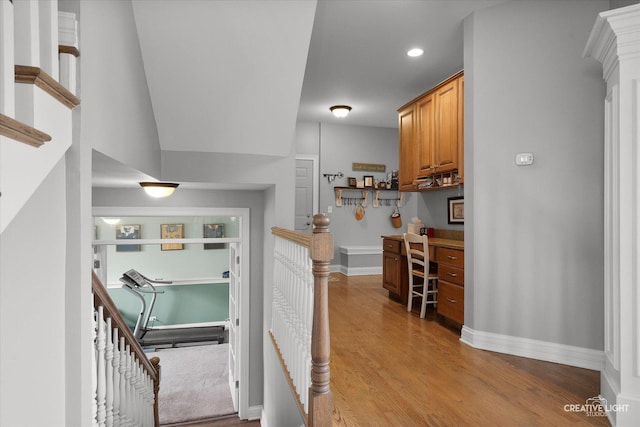 5085 Half Round Rd, Oswego, IL 60543 - corridor featuring light wood-style flooring, baseboards, recessed lighting, an upstairs landing, and a desk