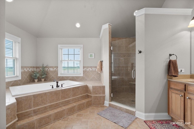 5085 Half Round Rd, Oswego, IL 60543 - bathroom with a garden tub, plenty of natural light, vanity, and a shower stall