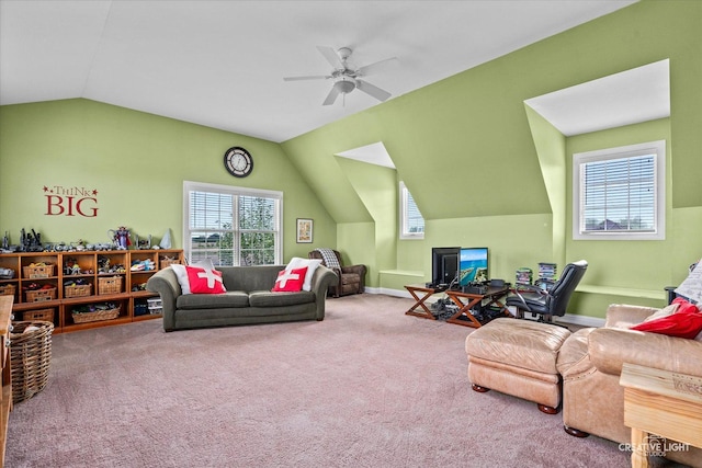 5085 Half Round Rd, Oswego, IL 60543 - carpeted living area featuring vaulted ceiling and ceiling fan