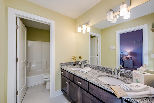 full bathroom with toilet, shower / bath combination, tile floors, dual sinks, and oversized vanity