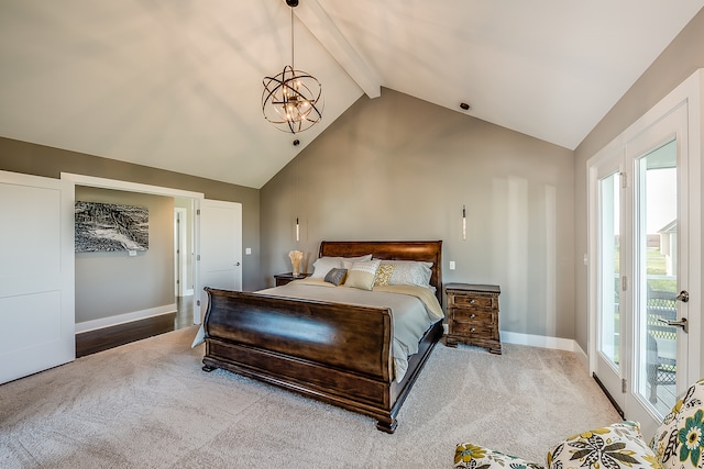 carpeted bedroom featuring a chandelier, access to exterior, multiple windows, and beam ceiling