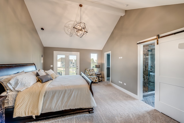 carpeted bedroom with a chandelier, a barn door, french doors, high vaulted ceiling, and access to outside