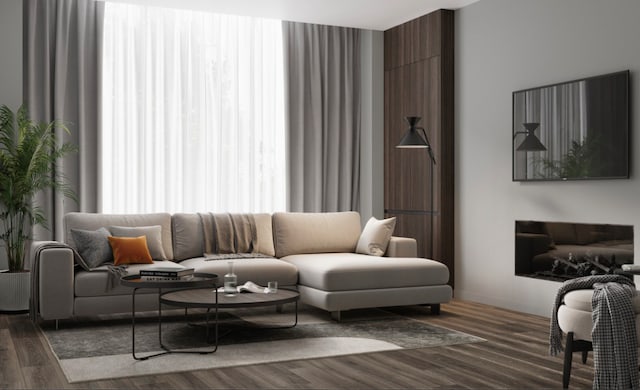 living room featuring dark wood-type flooring