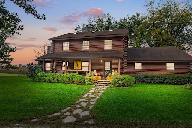 cabin featuring covered porch, log siding, and a front yard