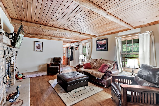 living room with beam ceiling, a healthy amount of sunlight, and light hardwood / wood-style flooring