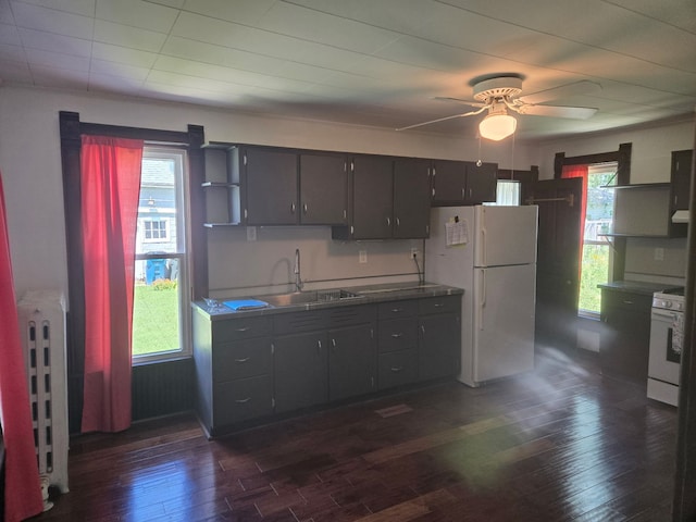 616 N Pleasant St, Princeton, IL 61356 - kitchen with white appliances, radiator, dark wood-style flooring, ceiling fan, and open shelves
